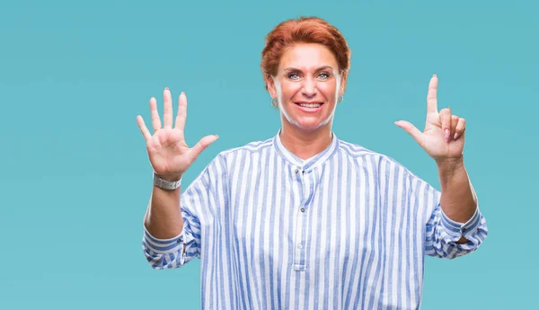 Atrractive Senior Caucasian Redhead Woman Isolated Background Showing Pointing Fingers — Stock Photo, Image