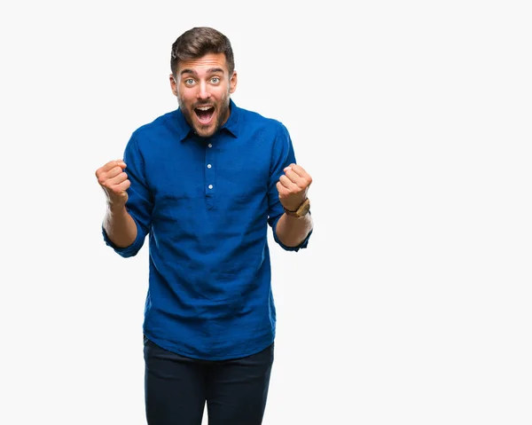 Young Handsome Man Isolated Background Celebrating Surprised Amazed Success Arms — Stock Photo, Image