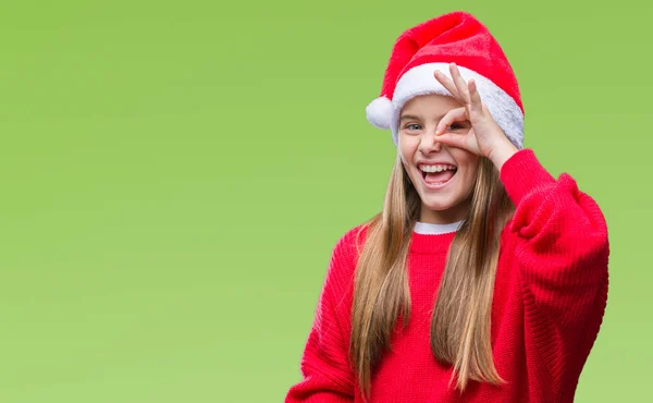 Menina Bonita Nova Vestindo Chapéu Natal Sobre Fundo Isolado Fazendo — Fotografia de Stock