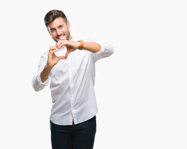 Jonge Knappe Man Geïsoleerde Achtergrond Glimlachend Liefde Met Hartsymbool Vorm — Stockfoto