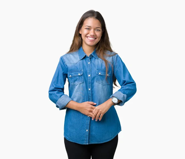 Młoda Piękna Kobieta Brunetka Sobie Niebieski Denim Koszula Nad Białym — Zdjęcie stockowe