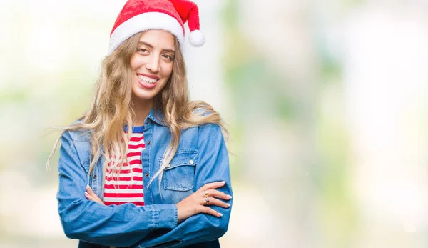 Linda Jovem Loira Vestindo Chapéu Natal Sobre Fundo Isolado Rosto — Fotografia de Stock