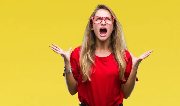 Giovane Bella Donna Bionda Indossa Occhiali Sfondo Isolato Pazzo Pazzo — Foto Stock