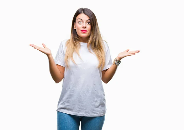 Young Beautiful Woman Casual White Shirt Isolated Background Clueless Confused — Stock Photo, Image