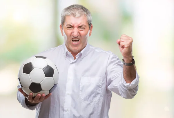 Handsome Senior Man Holding Soccer Football Ball Isolated Background Annoyed — Stock Photo, Image