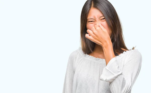 Genç Asyalı Kadın Kamera Ile Mutlu Komik Yüz Için Parmakları — Stok fotoğraf