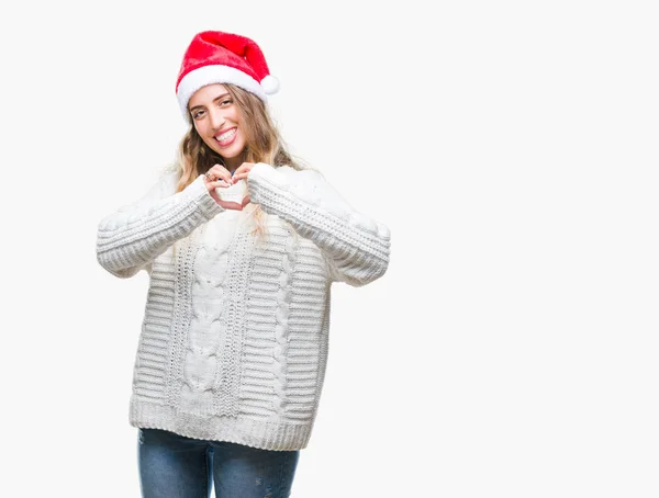 Красивая Молодая Блондинка Рождественской Шляпе Изолированном Фоне Улыбается Любви Показывая — стоковое фото