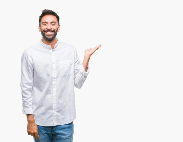 Adult Hispanic Man Isolated Background Smiling Cheerful Presenting Pointing Palm — Stock Photo, Image