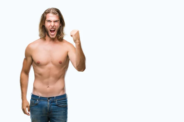 Молодой Красивый Мужчина Рубашки Длинными Волосами Показывает Сексуальное Тело Изолированном — стоковое фото