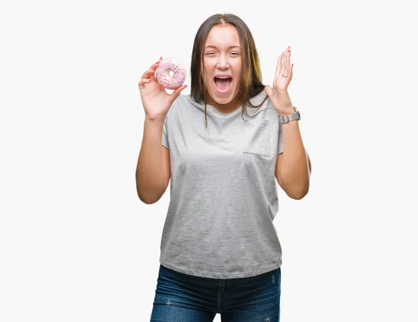 Young Caucasian Woman Eating Sweet Donut Isolated Background Very Happy — Stock Photo, Image