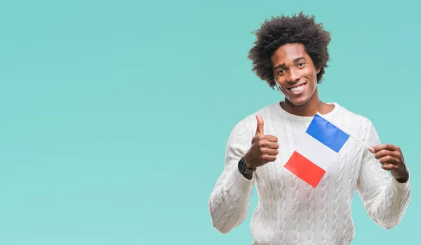 Afro American Człowiek Flaga Francji Białym Tle Szczęśliwy Uśmiechem Robi — Zdjęcie stockowe