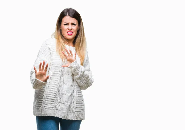 Junge Schöne Frau Lässiger Weißer Pullover Über Isoliertem Hintergrund Angeekelten — Stockfoto