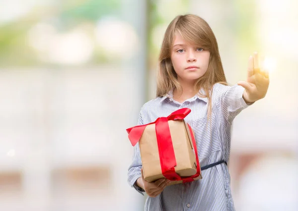 Young Blonde Toddler Holding Present Open Hand Doing Stop Sign — Stock Photo, Image