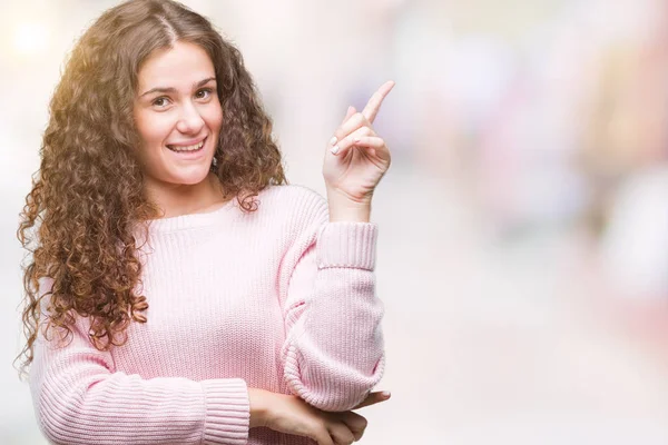 Beautiful Brunette Curly Hair Young Girl Wearing Pink Winter Sweater — Stock Photo, Image