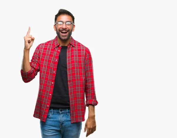 Hispánský Muže Nosit Brýle Nad Izolované Pozadí Ukazováčkem Úspěšným Myšlenkou — Stock fotografie