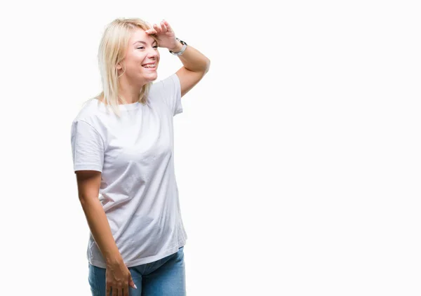 Jonge Mooie Blonde Vrouw Met Witte Shirt Geïsoleerd Achtergrond Erg — Stockfoto