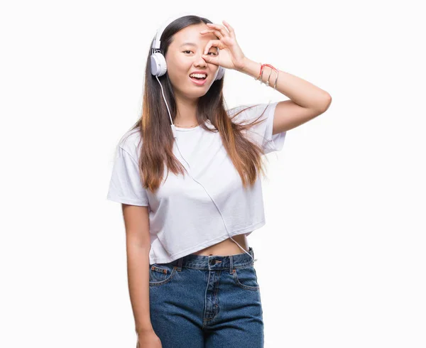 Junge Asiatische Frau Die Musik Hört Kopfhörer Trägt Isolierten Hintergrund — Stockfoto
