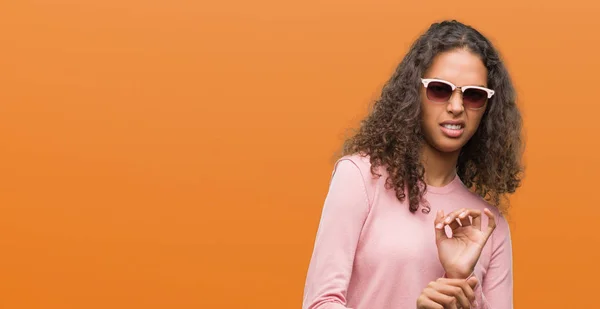 Beautiful Young Hispanic Woman Wearing Sunglasses Disgusted Expression Displeased Fearful — Stock Photo, Image