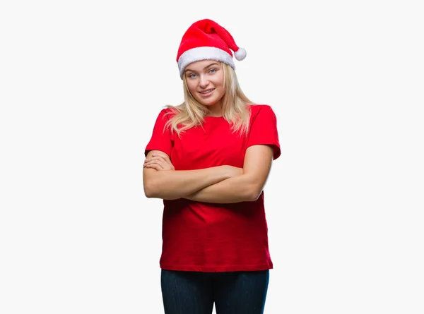 Giovane Donna Caucasica Indossa Cappello Natale Sfondo Isolato Volto Felice — Foto Stock