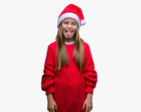 Fiatal Gyönyörű Lány Visel Kalapját Karácsony Ragasztás Nyelvét Elszigetelt Háttér — Stock Fotó