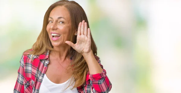 Vackra Medelålders Kvinna Som Bär Över Isolerade Bakgrund Åsidosättande Säga — Stockfoto