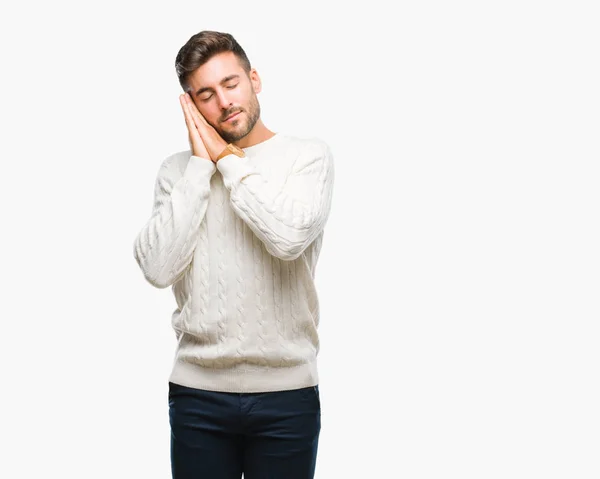 Joven Hombre Guapo Con Suéter Invierno Sobre Fondo Aislado Durmiendo — Foto de Stock