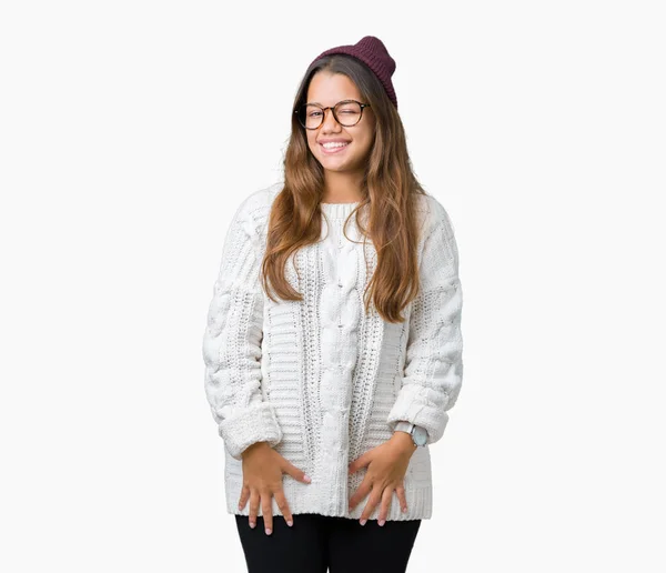 Young Beautiful Brunette Hipster Woman Wearing Glasses Winter Hat Isolated — Stock Photo, Image