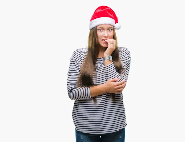 Giovane Bella Donna Caucasica Indossa Cappello Natale Sfondo Isolato Cercando — Foto Stock