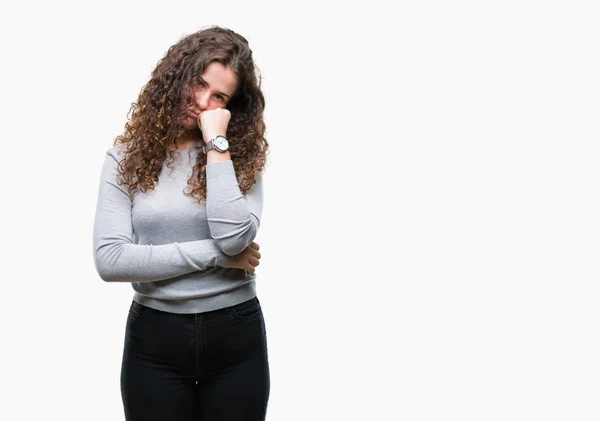 Schöne Brünette Lockige Haare Junges Mädchen Trägt Einen Pullover Über — Stockfoto