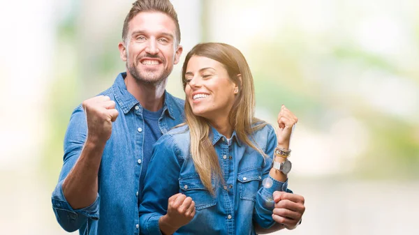 Jovem Casal Apaixonado Por Fundo Isolado Muito Feliz Animado Fazendo — Fotografia de Stock