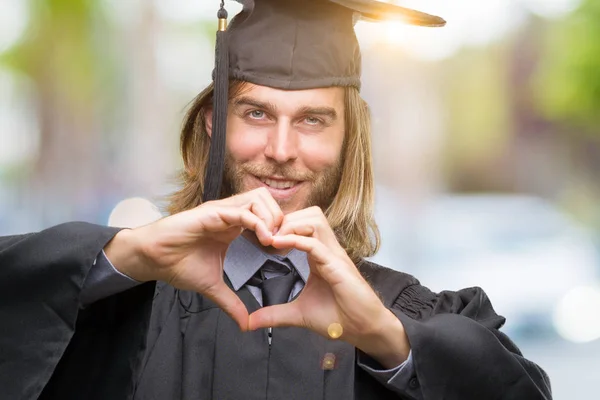 Young Handsome Graduated Man Long Hair Isolated Background Smiling Love — Stock Photo, Image