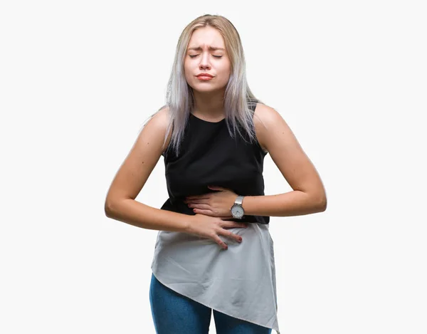 年轻的金发女人在孤立的背景下 手放在胃里 因为恶心 痛苦的疾病感觉不适 疼痛概念 — 图库照片