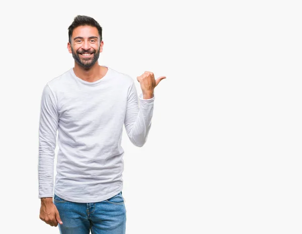 Homem Hispânico Adulto Sobre Fundo Isolado Sorrindo Com Rosto Feliz — Fotografia de Stock