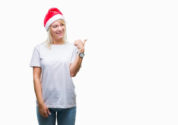 Joven Hermosa Mujer Rubia Con Sombrero Navidad Sobre Fondo Aislado — Foto de Stock