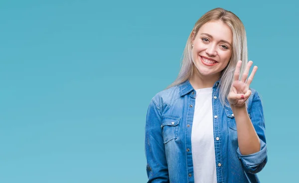 Mladá Blond Žena Izolované Pozadí Zobrazení Ukázal Prsty Číslo Tři — Stock fotografie