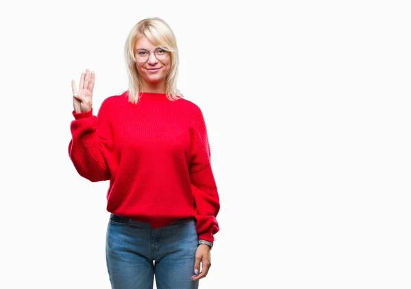 Jonge Mooie Blonde Vrouw Dragen Trui Glazen Geïsoleerde Achtergrond Weergeven — Stockfoto