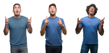 Latin ve Afro-Amerikan erkekler izole arka plan üzerinde Grup kolaj hayrete ve yukarıya bakıyor ve parmakları ile işaret ve silah kaldırdı şaşırttı.