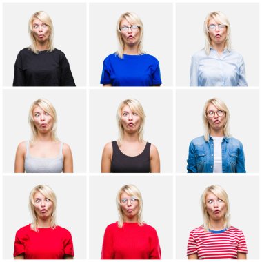 Kolaj izole arka plan yapma balık yüzüne dudaklı, çılgın ve komik bir jest değişik rahat görünüyor giyen güzel sarışın kadın. Komik ifade.
