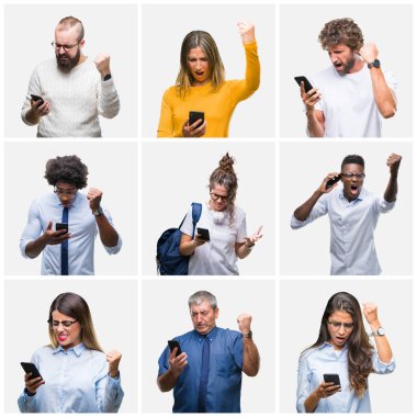 Bir grup insan öfke, çılgın ve yükseltilmiş el, öfke kavramı ile diye bağıran ile smartphone üzerinde izole arka rahatsız ve sinirli bağırarak kullanarak kolaj