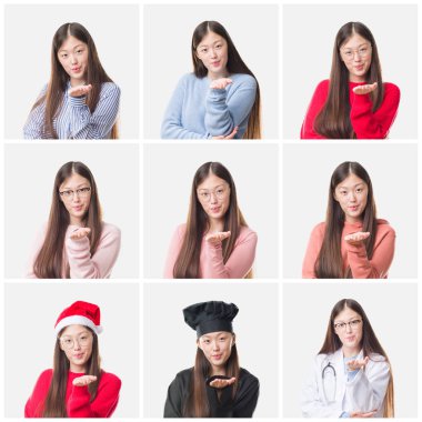 Genç doktor, Şef Asyalı kadın kolaj bir öpücük el ile güzel ve seksi olmak hava üfleme kamera bakarak arka plan izole. Aşk ifade.