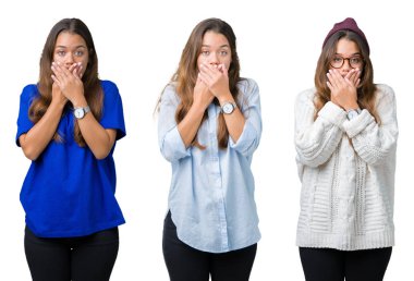 Güzel genç kadın izole arka plan ağız hata için elleriyle kapsayan şok yüzünden kolaj. Gizli kavramı.