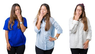 Kolaj izole arka plan üzerinde güzel genç kadının el ağzıyla kapsayan yorgun esneme sıkılmış. Restless ve uyku hali.