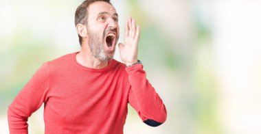 Bağırarak ve ağzı üzerinde el ile yan için çığlık izole arka plan üzerinde kış kazak giymiş yakışıklı orta yaş ağarmış komuta sizde. İletişim kavramı.