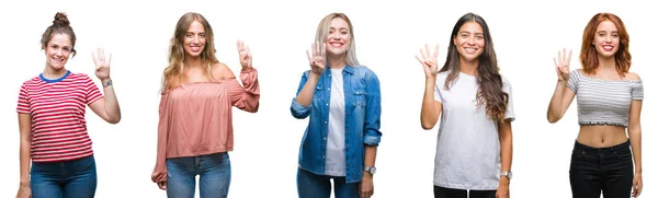 孤立した背景表示と指で上向きに女性の若い美しいキツチンのコラージュ数は自信を持って 幸せな笑みを浮かべている間 — ストック写真