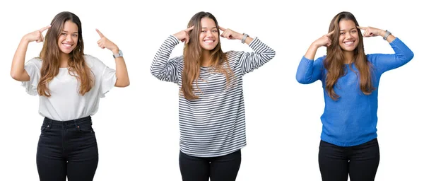 Colagem Bela Jovem Sobre Fundo Isolado Sorrindo Apontando Para Cabeça — Fotografia de Stock