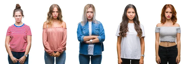 Collage Young Beautiful Grop Women Isolated Background Skeptic Nervous Frowning — Stock Photo, Image