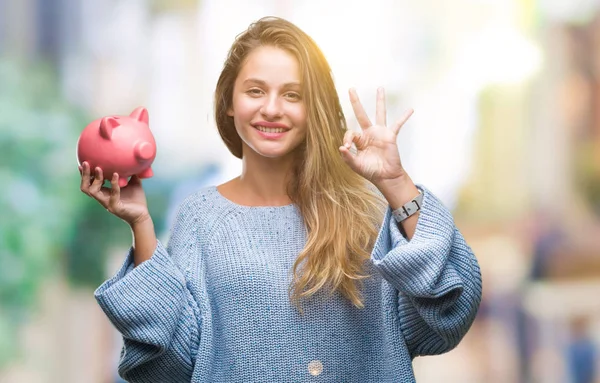 Young Beautiful Blonde Woman Holding Piggy Bank Isolated Background Doing — Stock Photo, Image