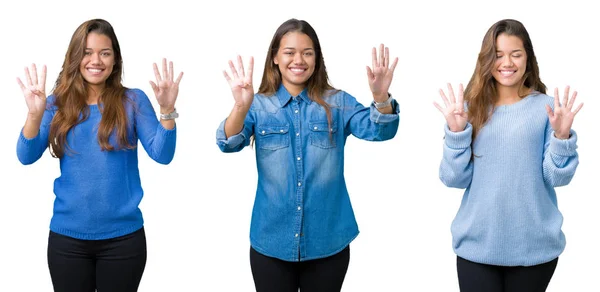 Collage Hermosa Joven Sobre Fondo Aislado Mostrando Apuntando Hacia Arriba —  Fotos de Stock