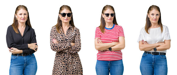 Collage of beautiful middle age woman over isolated background skeptic and nervous, disapproving expression on face with crossed arms. Negative person.