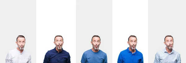 Collage Mezza Età Anziano Hoary Uomo Sfondo Isolato Rendendo Faccia — Foto Stock